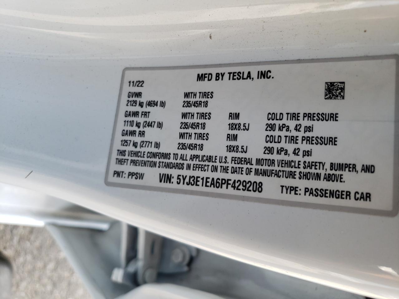 5YJ3E1EA6PF429208 2023 Tesla Model 3