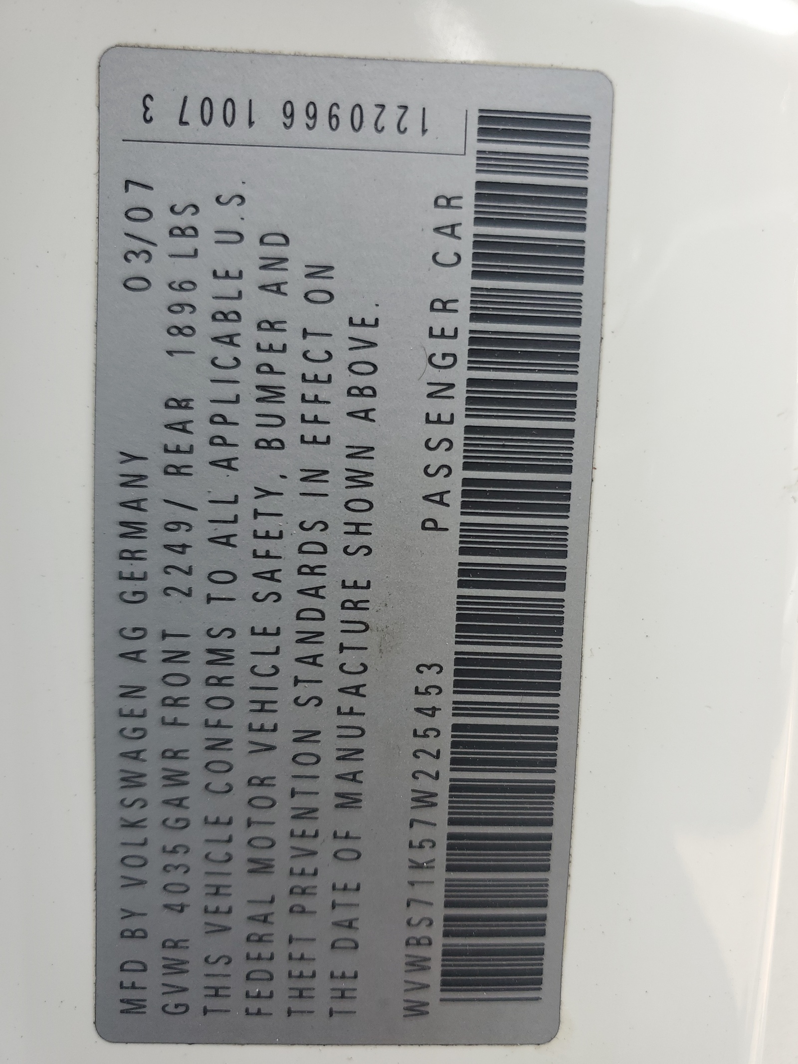 WVWBS71K57W225453 2007 Volkswagen Rabbit