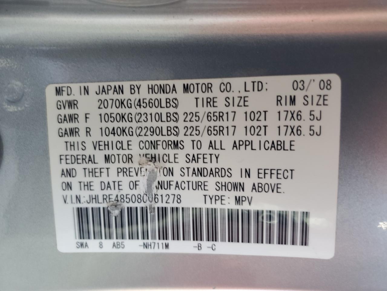 2008 Honda Cr-V Ex VIN: JHLRE48508C061278 Lot: 65132574