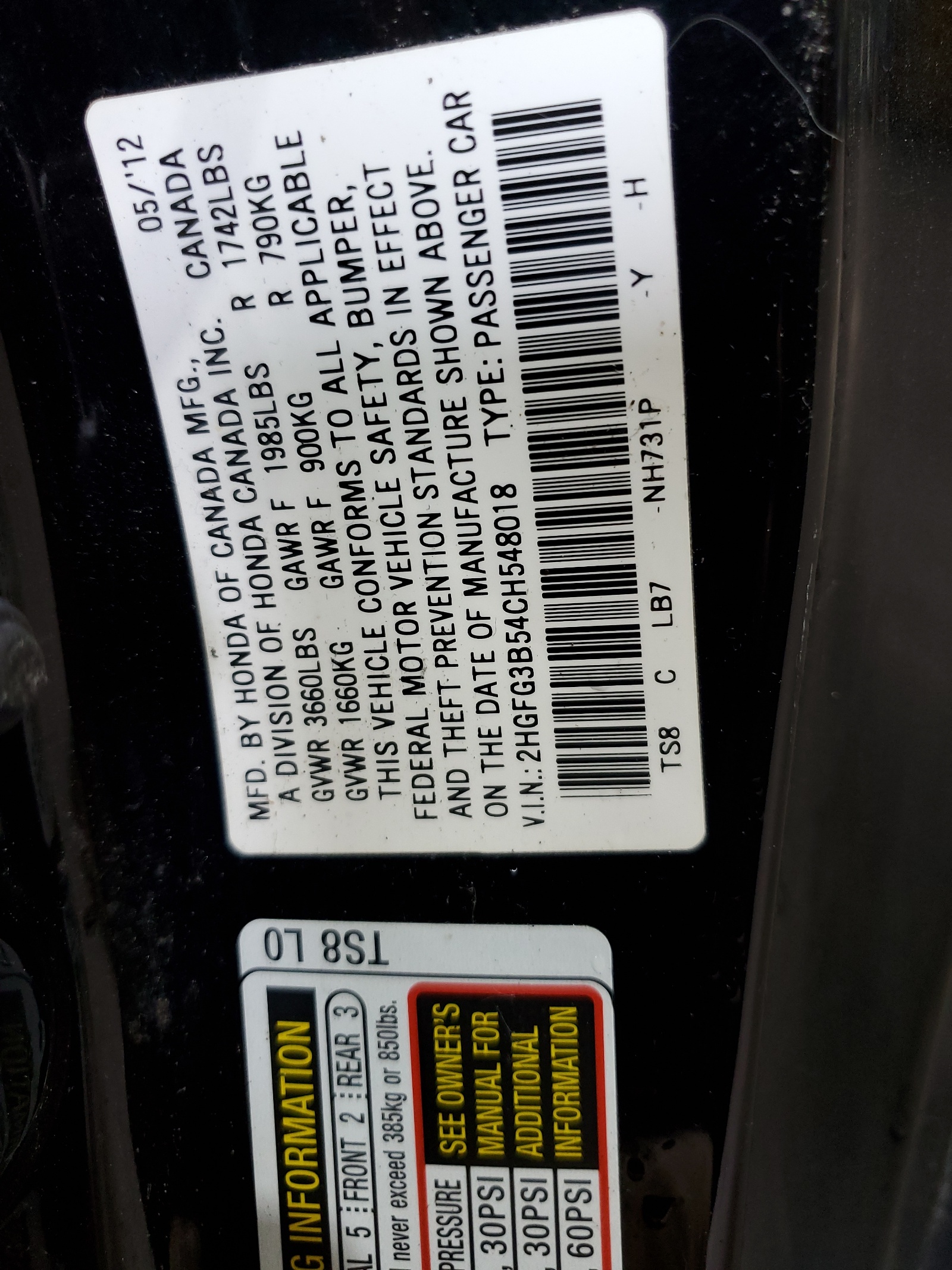 2012 Honda Civic Lx vin: 2HGFG3B54CH548018