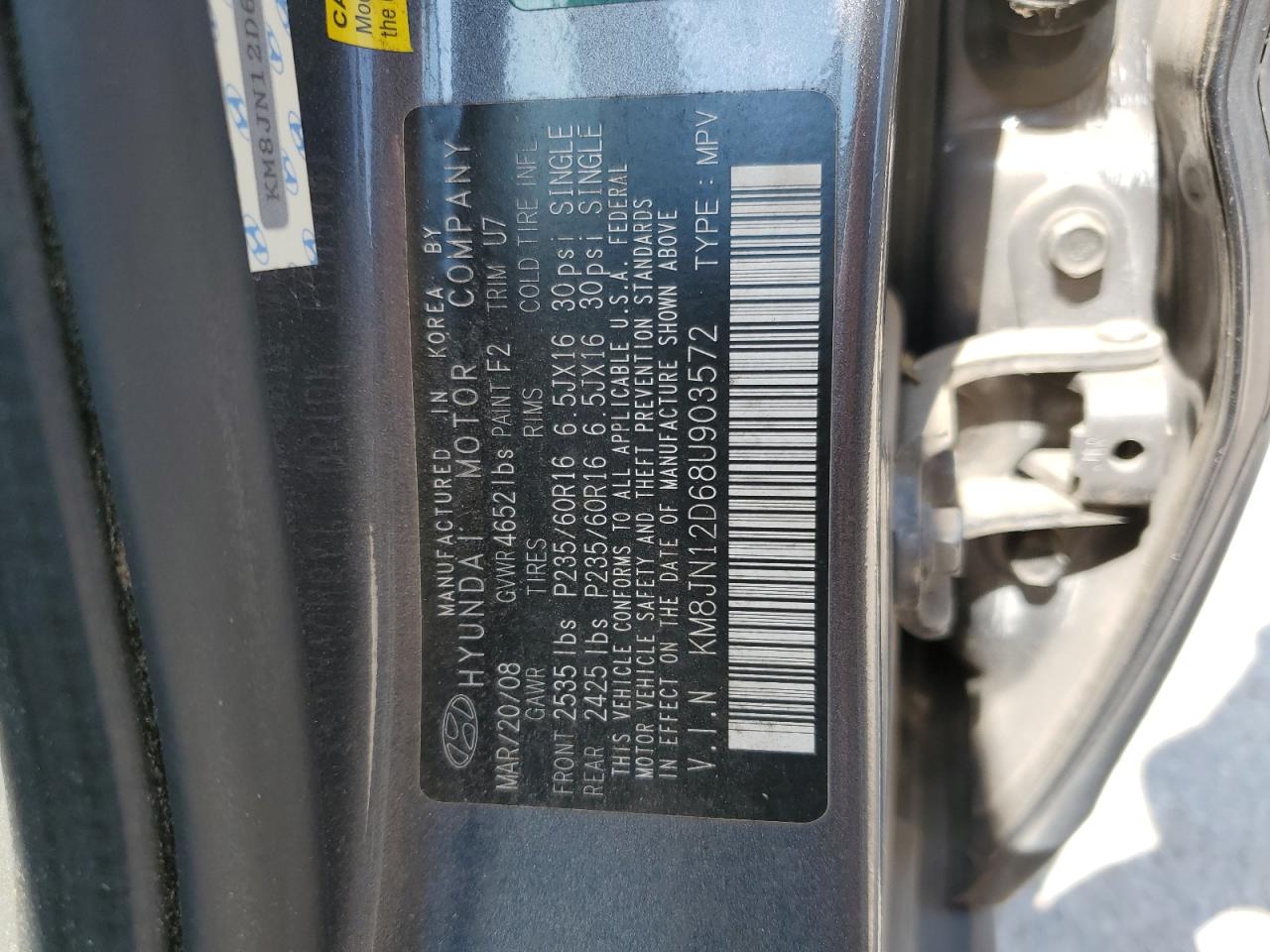 2008 Hyundai Tucson Se VIN: KM8JN12D68U903572 Lot: 66528154