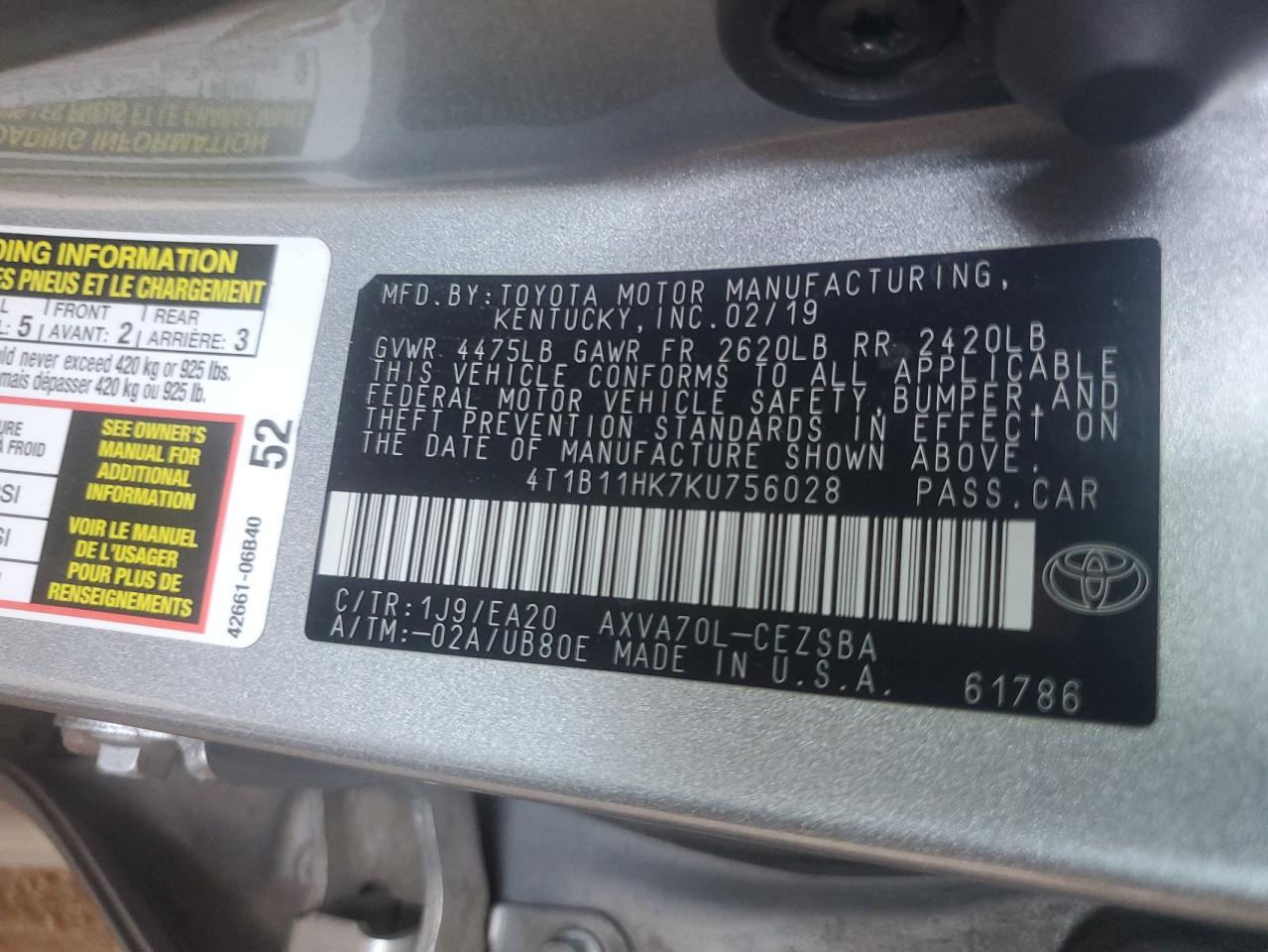 4T1B11HK7KU756028 2019 TOYOTA CAMRY - Image 12