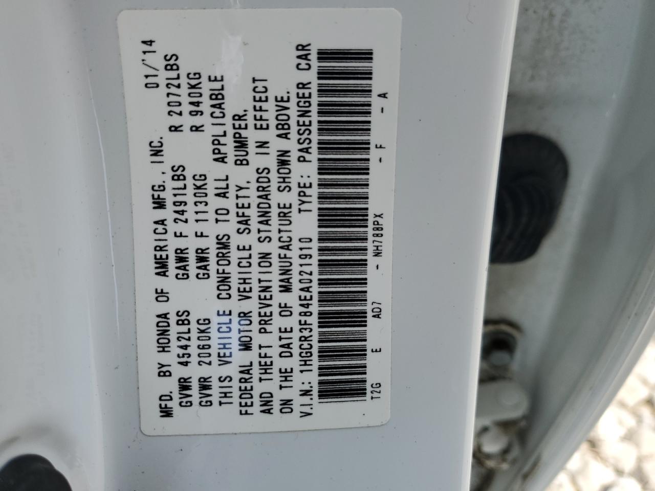 1HGCR3F84EA020191 2014 Honda Accord Exl