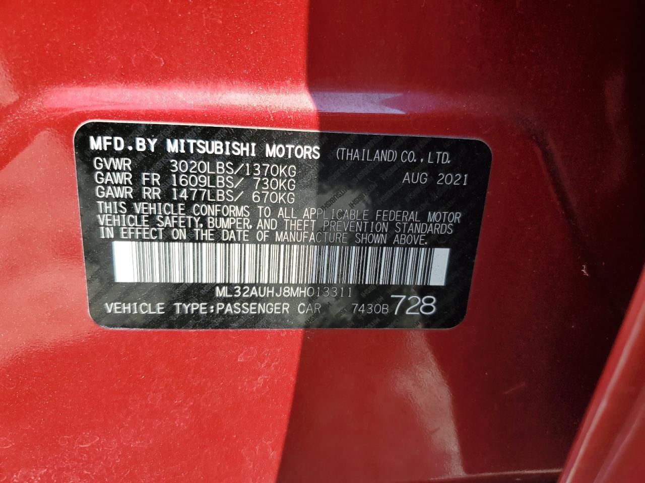 2021 Mitsubishi Mirage Es VIN: ML32AUHJ8MH013311 Lot: 66771574