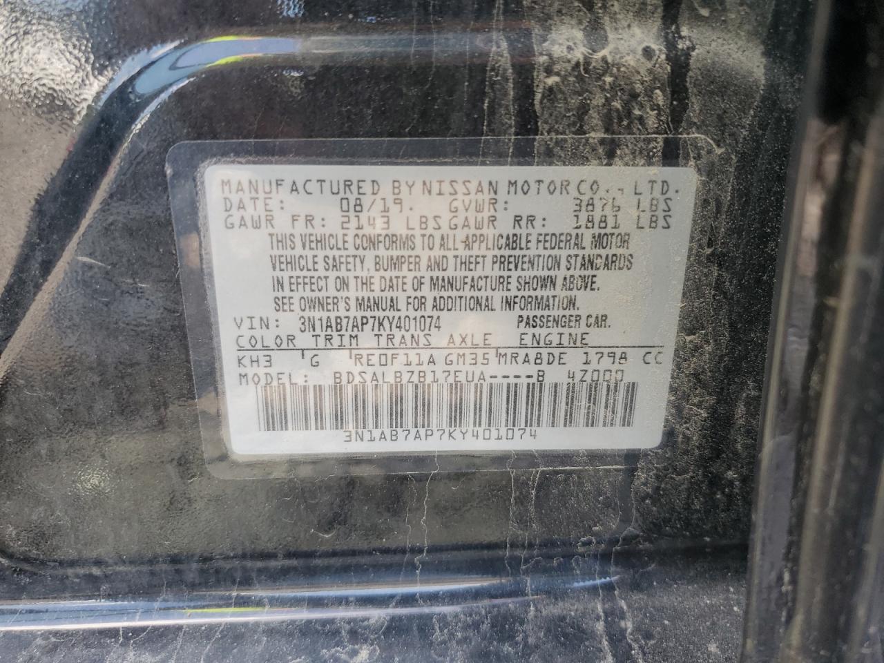 3N1AB7AP7KY401074 2019 Nissan Sentra S