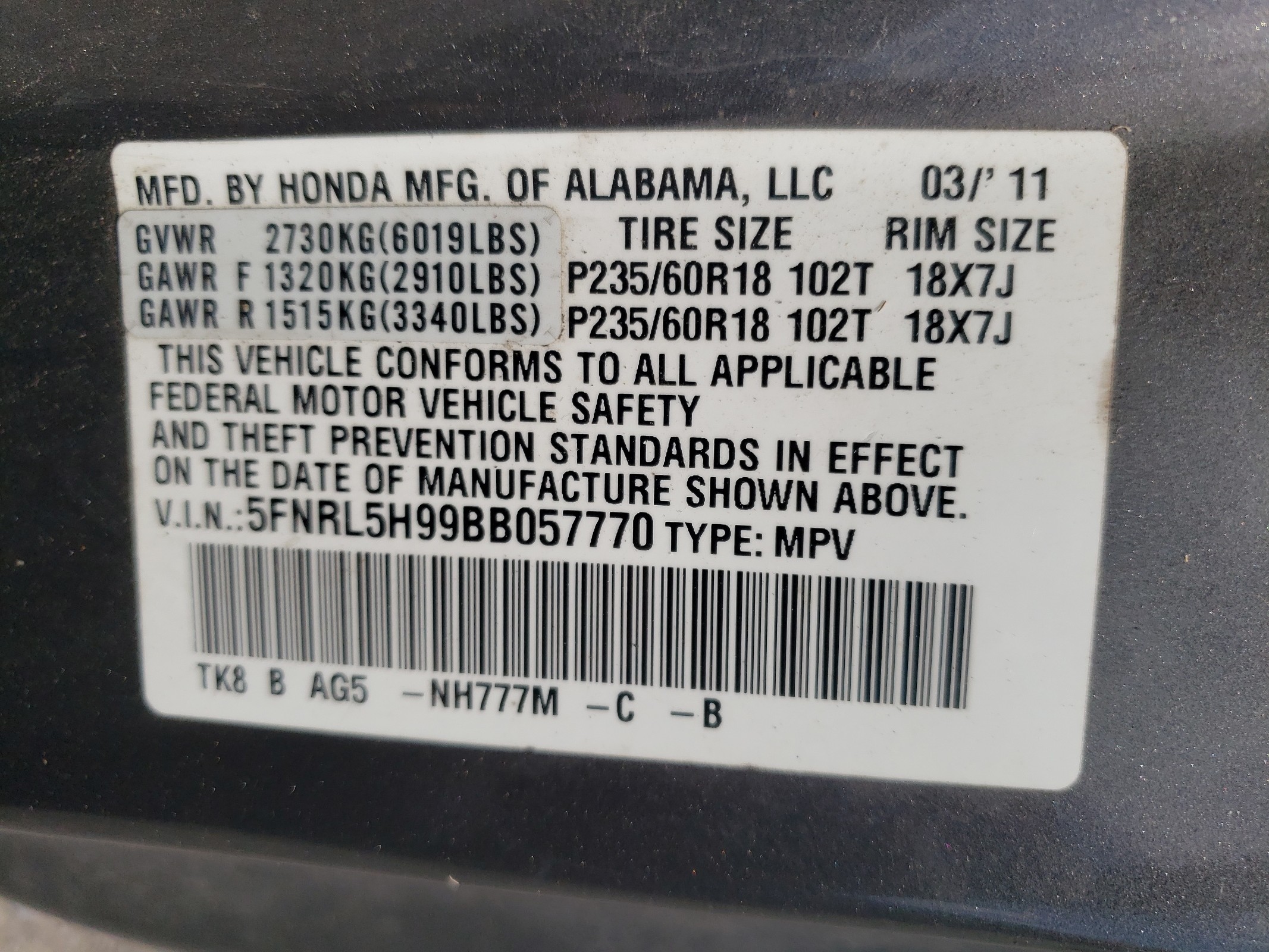 5FNRL5H99BB057770 2011 Honda Odyssey Touring