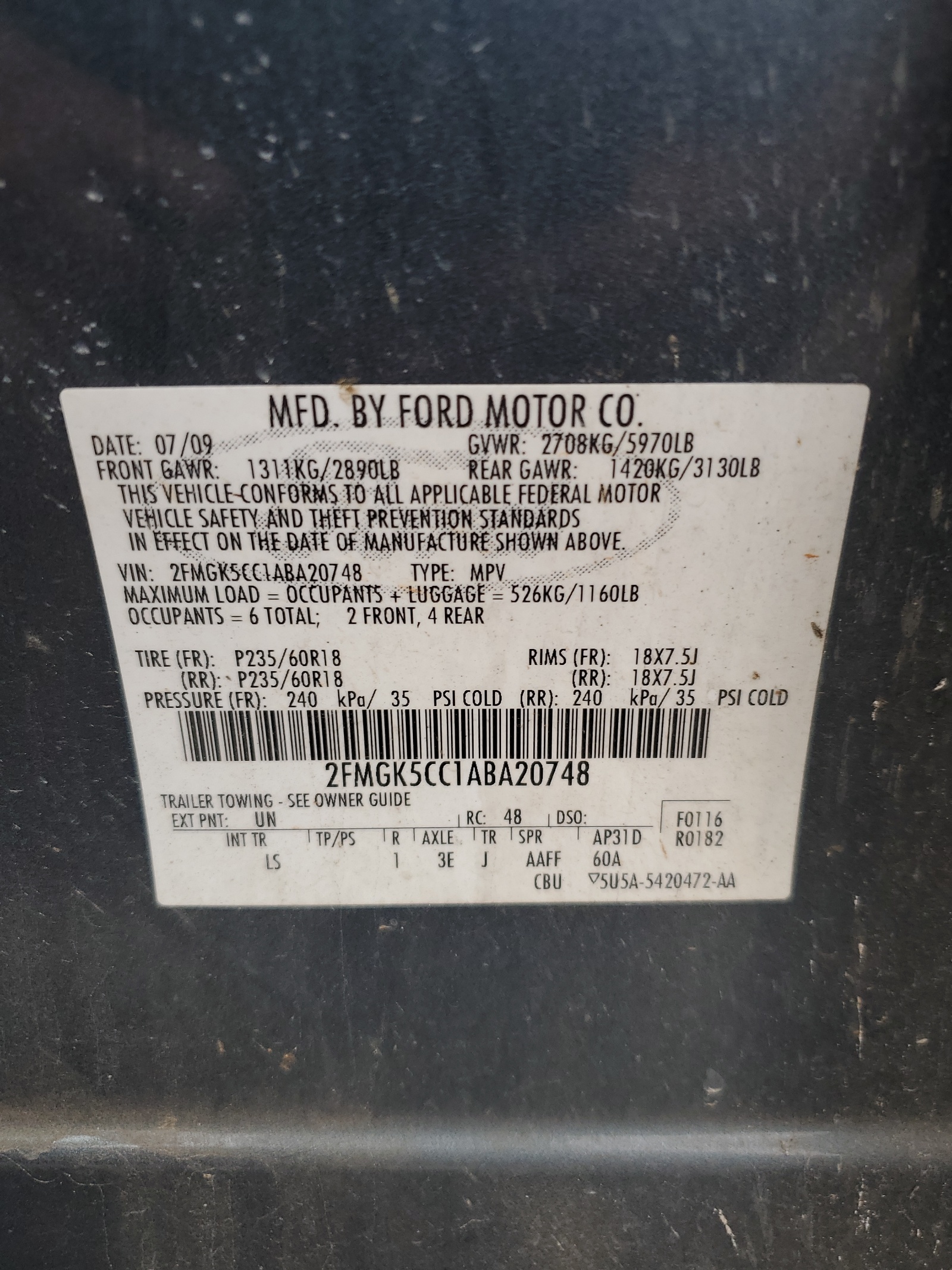 2FMGK5CC1ABA20748 2010 Ford Flex Sel