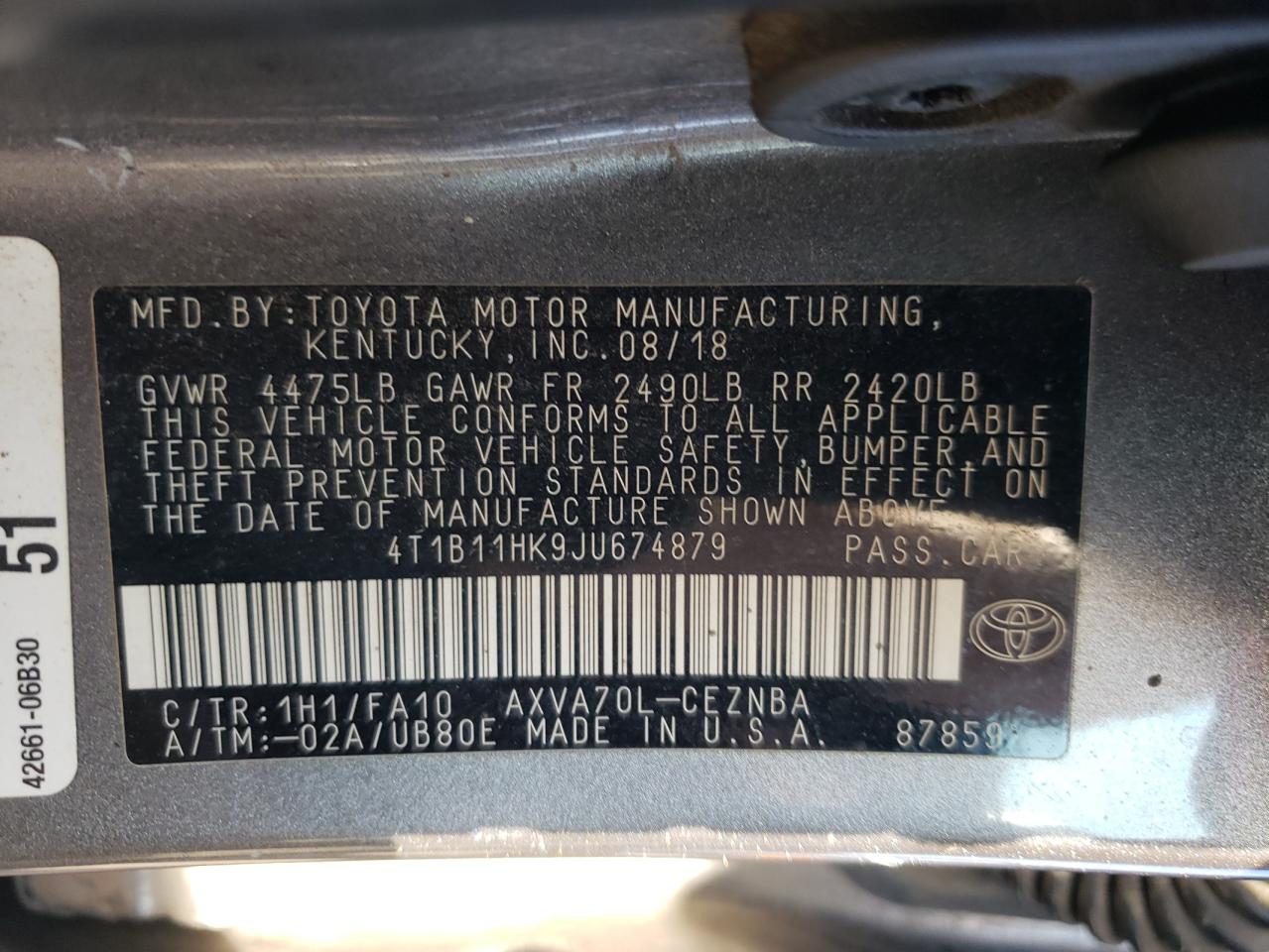 4T1B11HK9JU674879 2018 Toyota Camry L