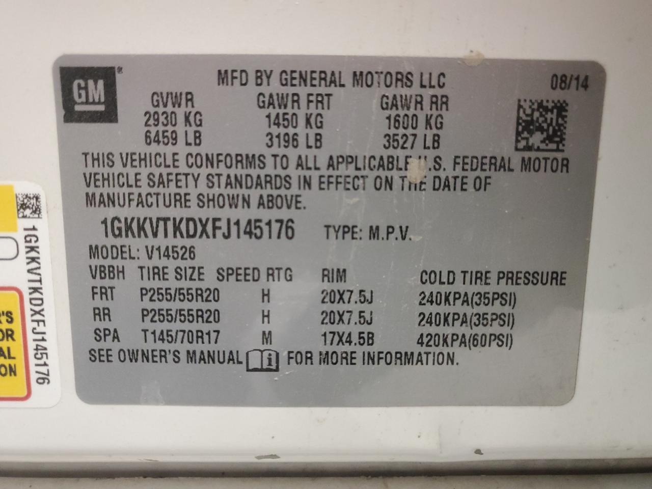 1GKKVTKDXFJ145176 2015 GMC Acadia Denali