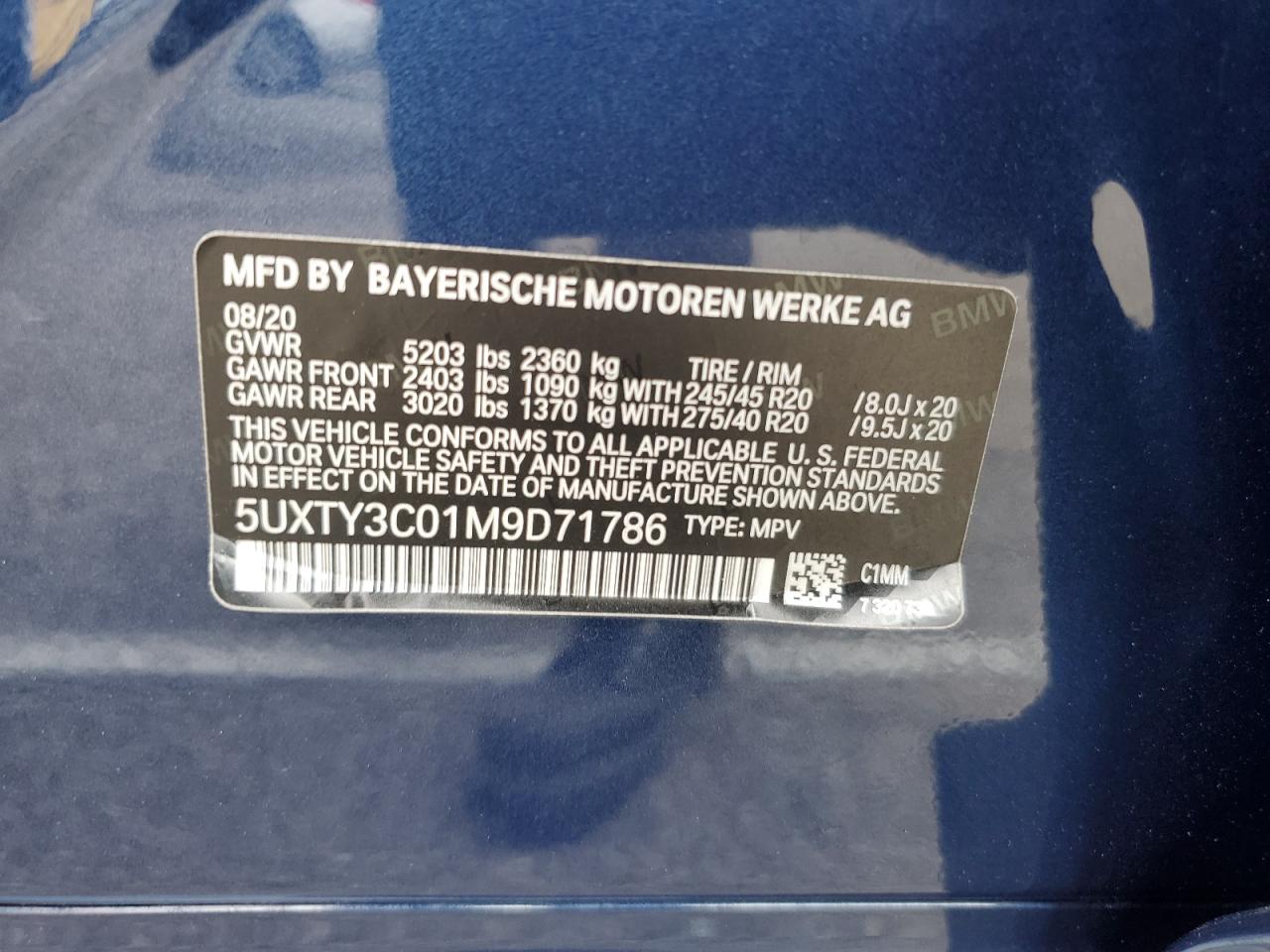 2021 BMW X3 Sdrive30I VIN: 5UXTY3C01M9D71786 Lot: 65584294
