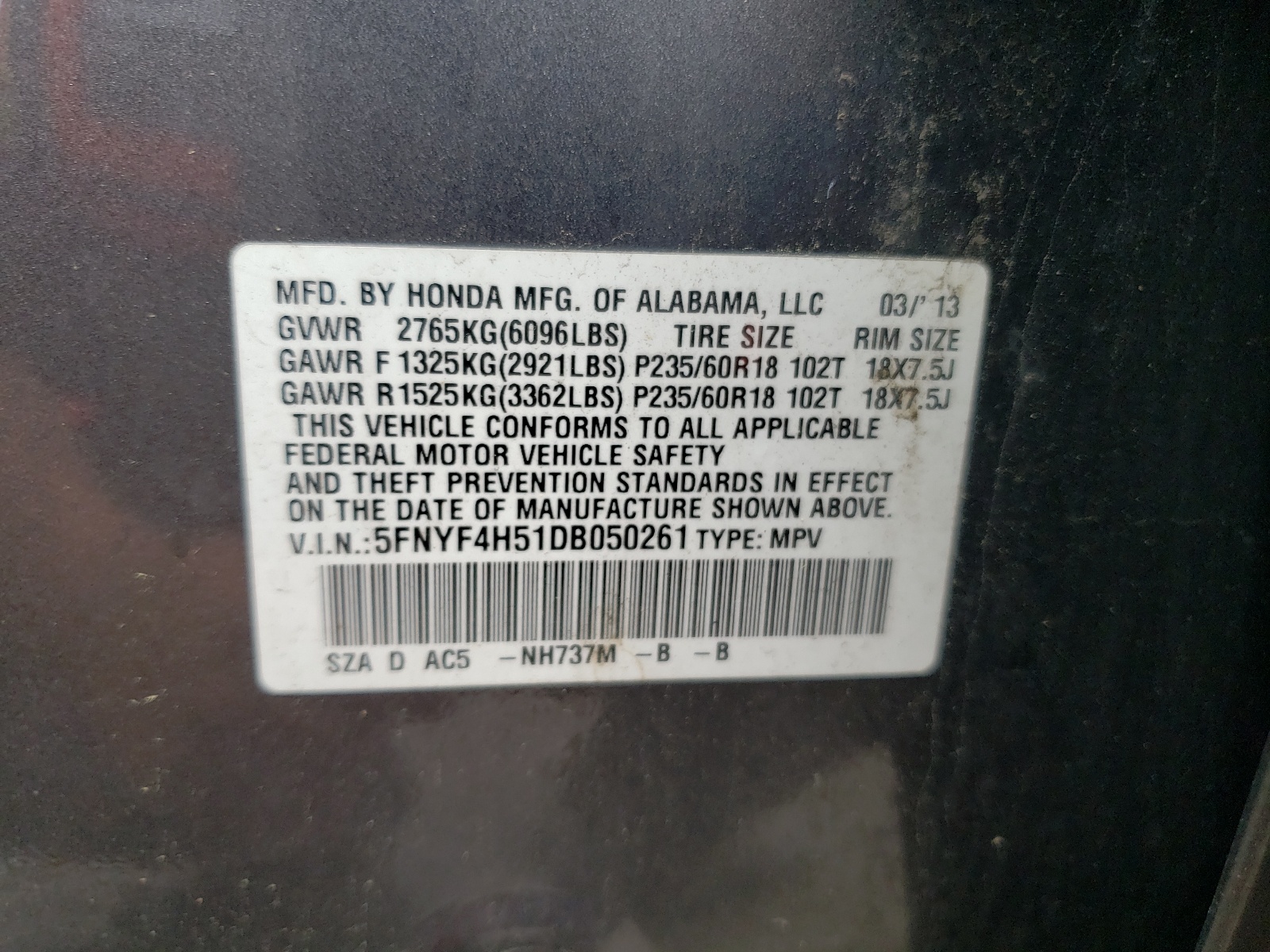 5FNYF4H51DB050261 2013 Honda Pilot Exl