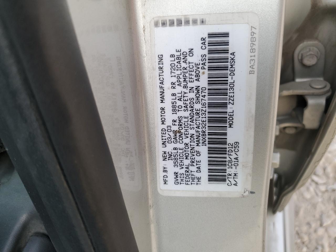 2003 Toyota Corolla Ce VIN: 1NXBR32E13Z167470 Lot: 65574524