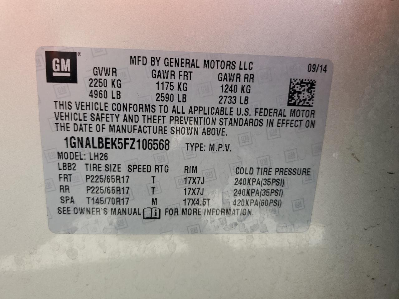 1GNALBEK5FZ106568 2015 Chevrolet Equinox Lt