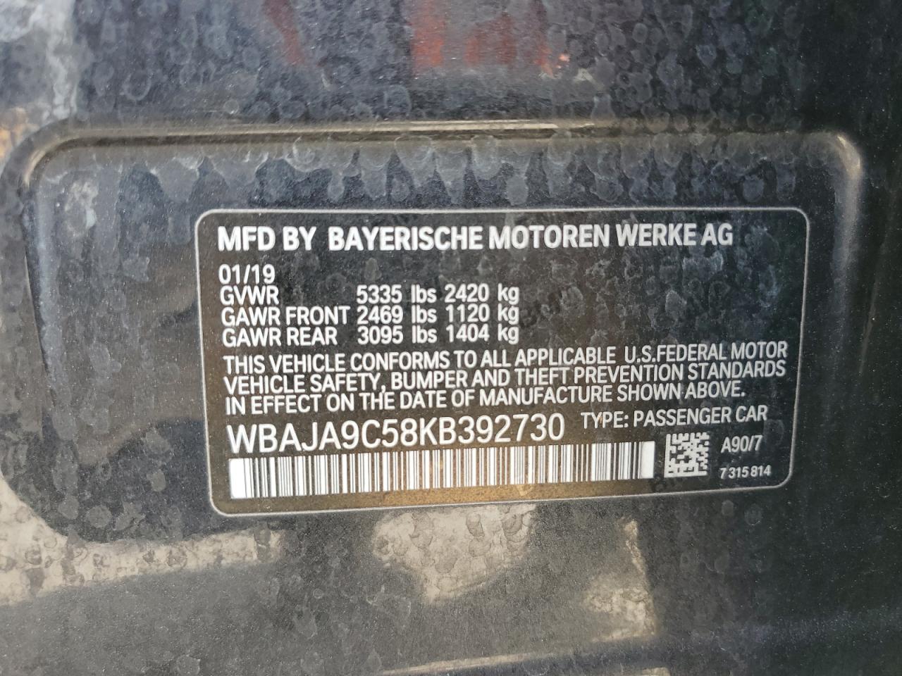 WBAJA9C58KB392730 2019 BMW 530E