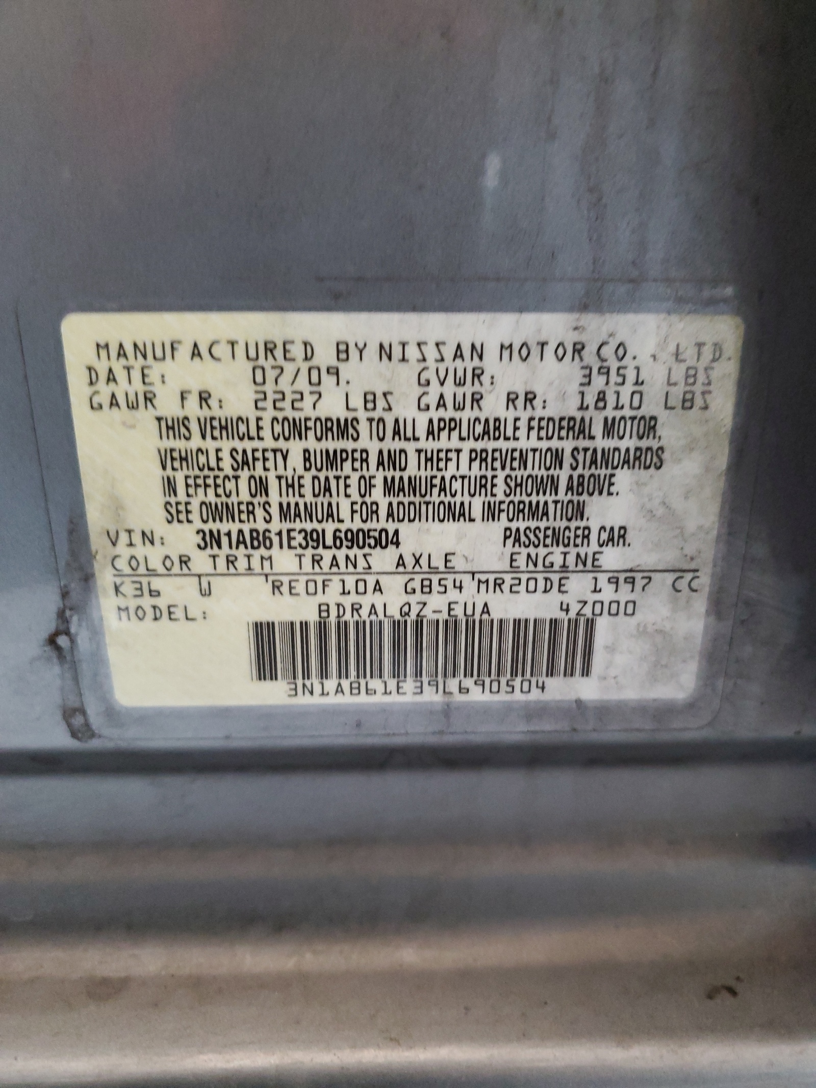 3N1AB61E39L690504 2009 Nissan Sentra 2.0