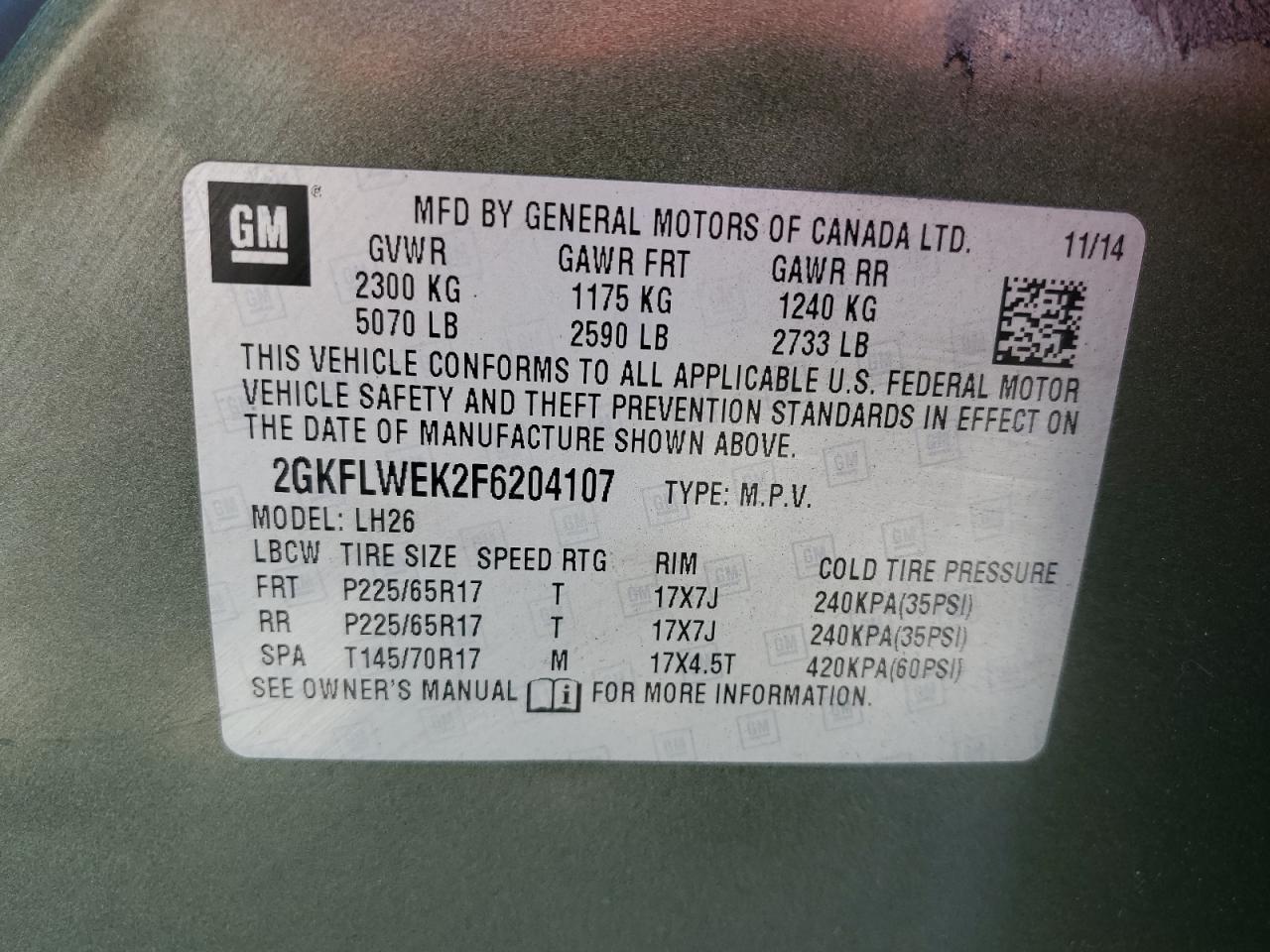 2015 GMC Terrain Sle VIN: 2GKFLWEK2F6204107 Lot: 65571644