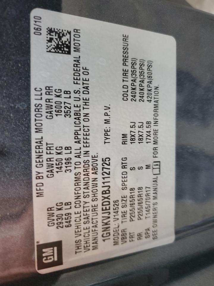 2011 Chevrolet Traverse Lt VIN: 1GNKVJEDXBJ112725 Lot: 66872814