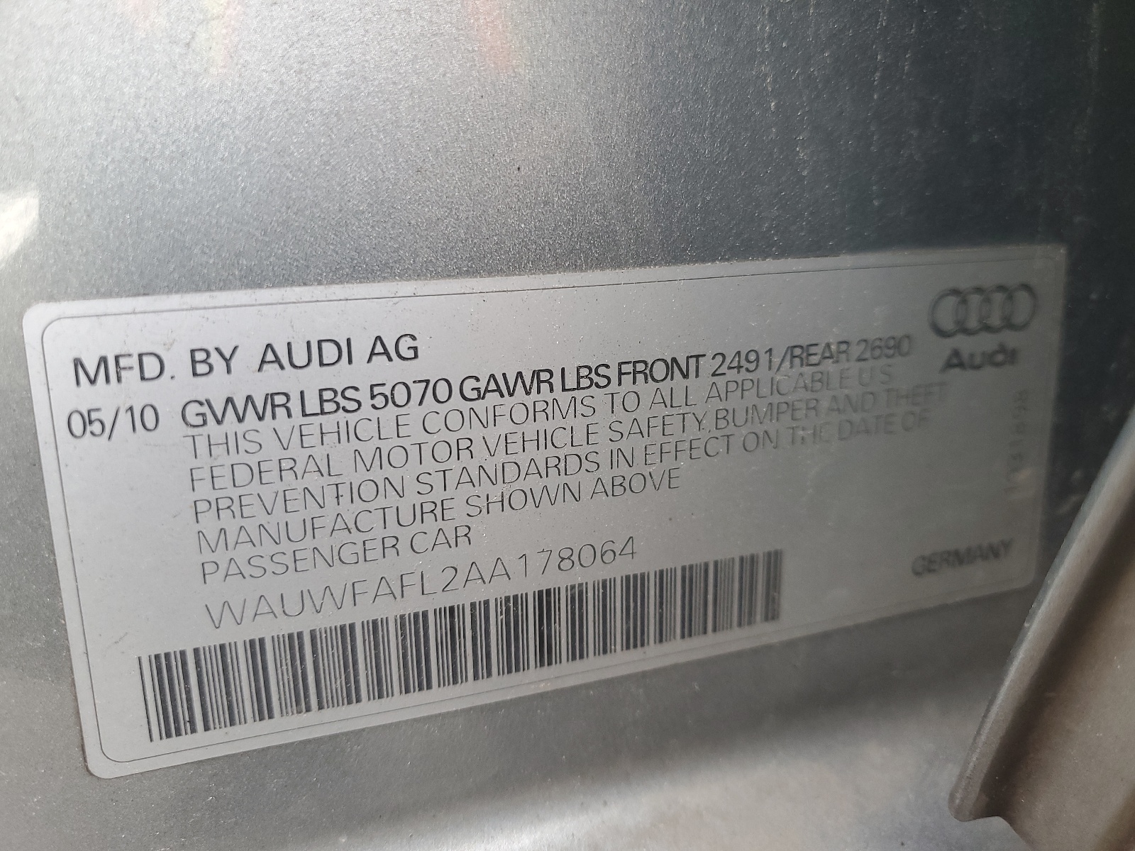 WAUWFAFL2AA178064 2010 Audi A4 Premium Plus