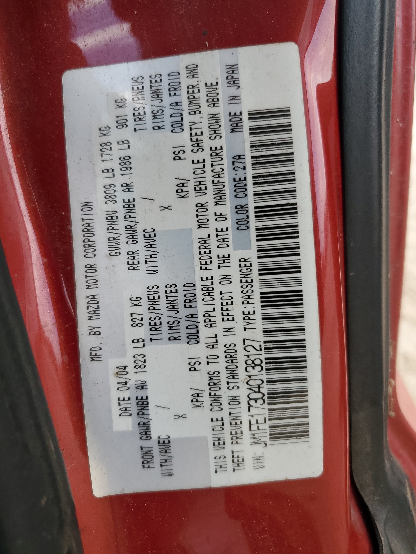 JM1FE173040138127 2004 Mazda Rx8