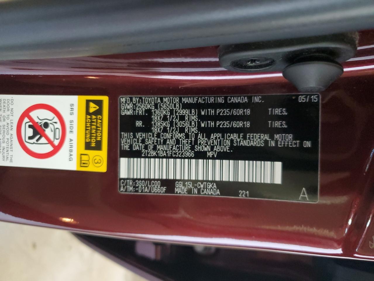 2015 Lexus Rx 350 Base VIN: 2T2BK1BA1FC323966 Lot: 66783814