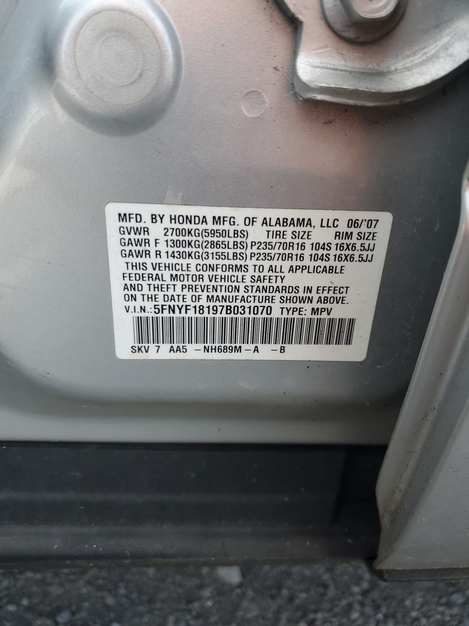 5FNYF18197B031070 2007 Honda Pilot Lx