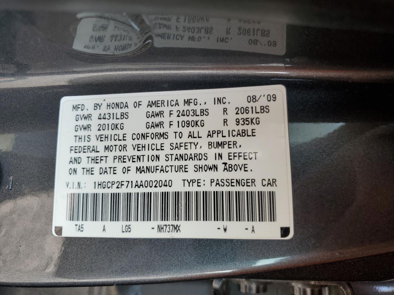 1HGCP2F71AA002040 2010 Honda Accord Ex