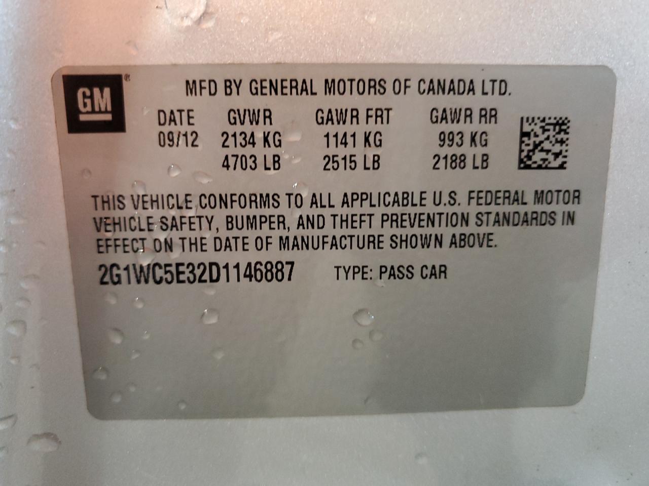 2013 Chevrolet Impala Ltz VIN: 2G1WC5E32D1146887 Lot: 66097244