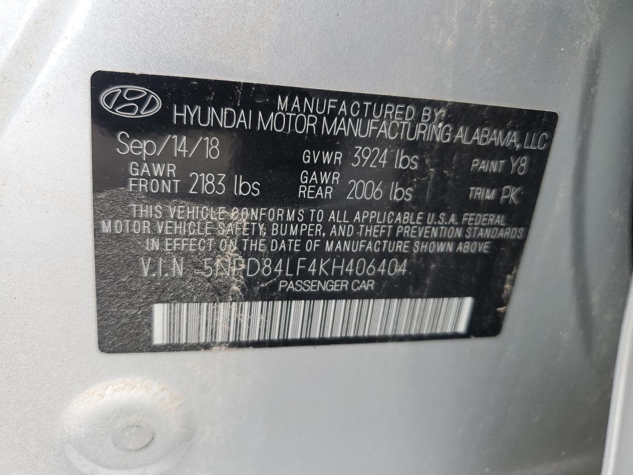 2019 Hyundai Elantra Sel VIN: 5NPD84LF4KH406404 Lot: 69373064