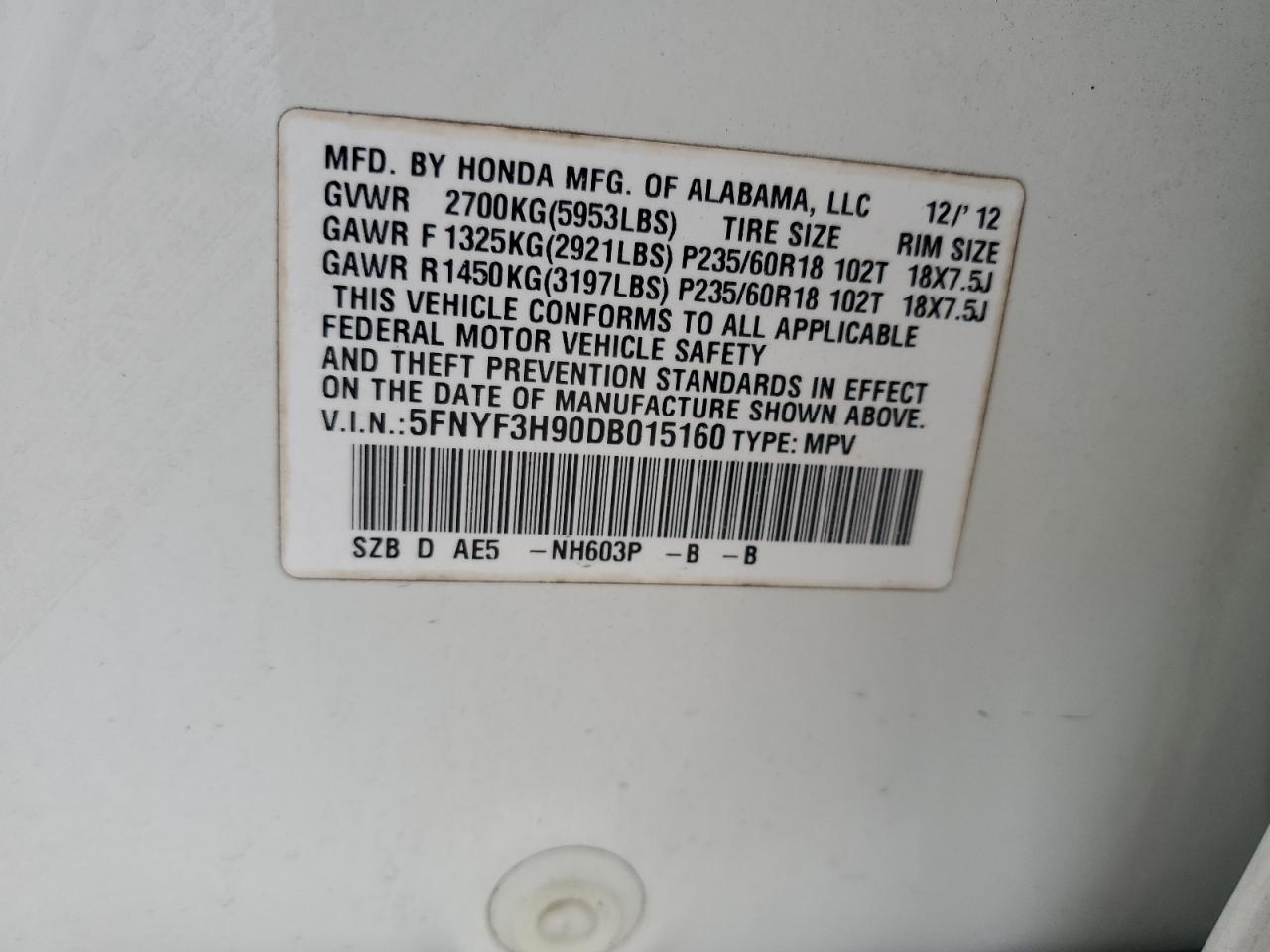 2013 Honda Pilot Touring VIN: 5FNYF3H90DB015160 Lot: 67309334