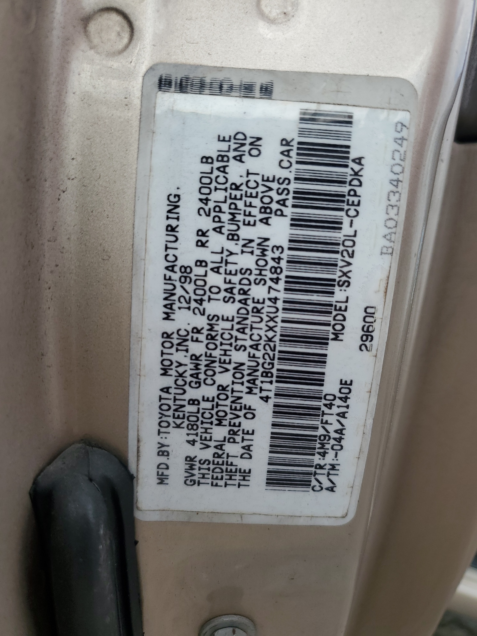 4T1BG22KXXU474843 1999 Toyota Camry Ce