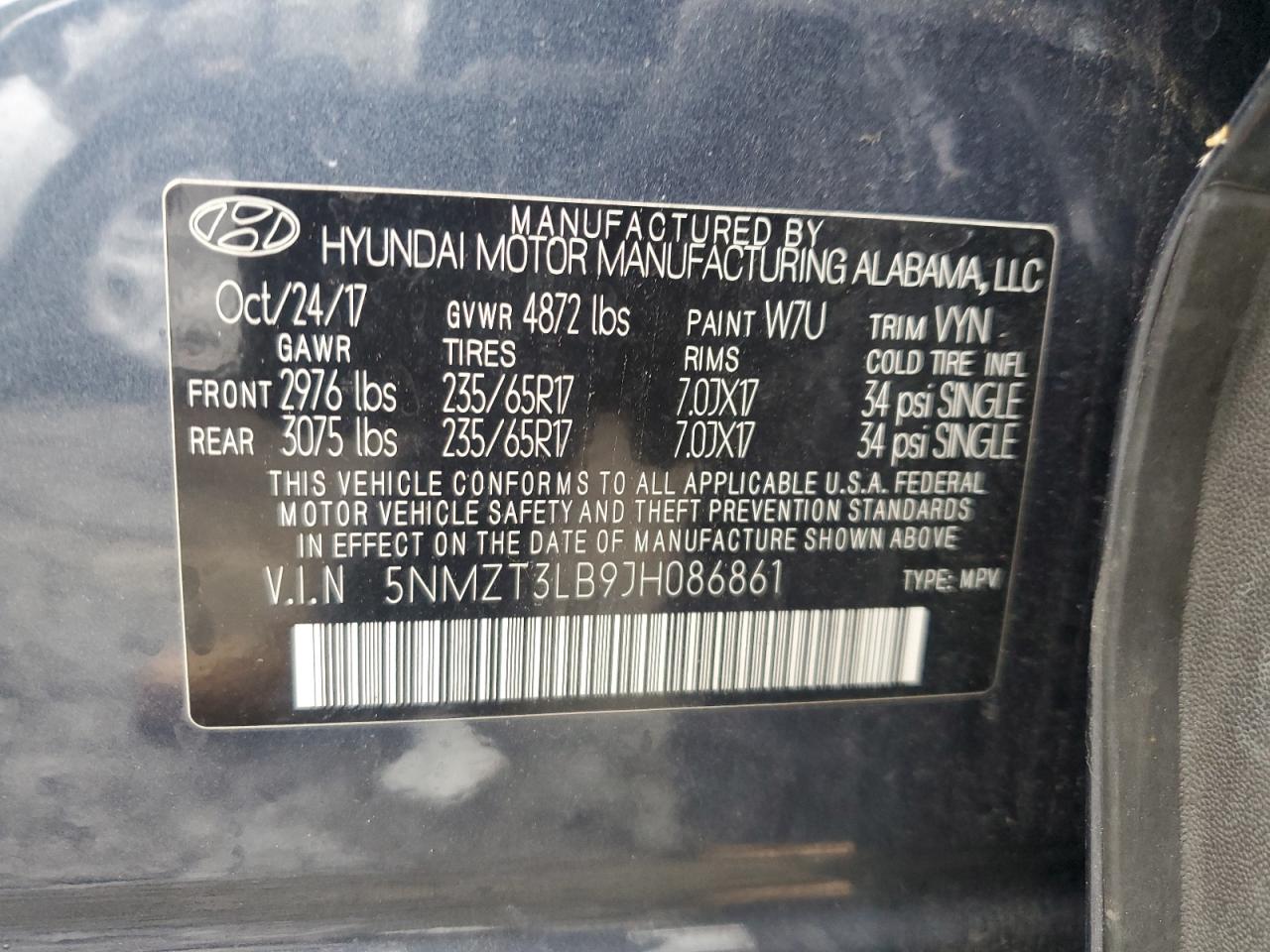 5NMZT3LB9JH086861 2018 Hyundai Santa Fe Sport