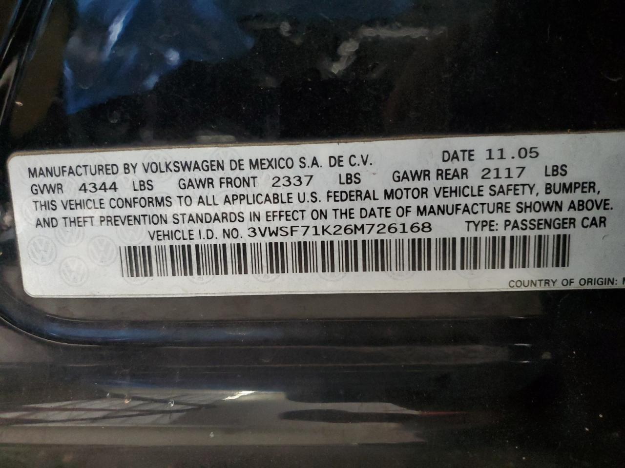 2006 Volkswagen Jetta 2.5 Option Package 1 VIN: 3VWSF71K26M726168 Lot: 66677814