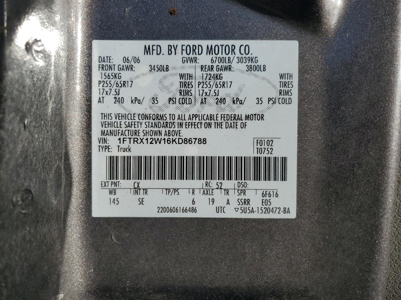 2006 Ford F150 VIN: 1FTRX12W16KD86788 Lot: 67462984