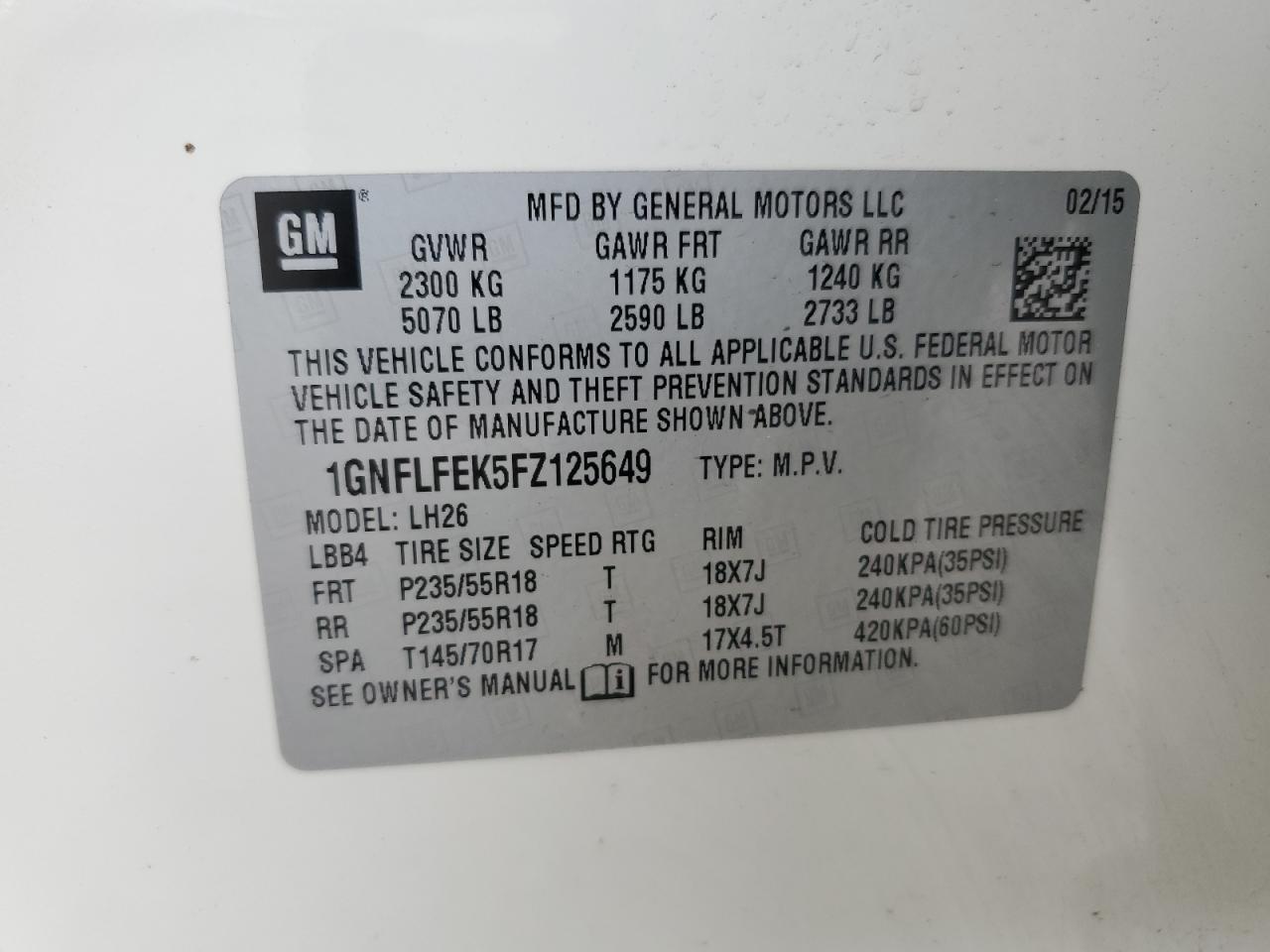 1GNFLFEK5FZ125649 2015 Chevrolet Equinox Lt