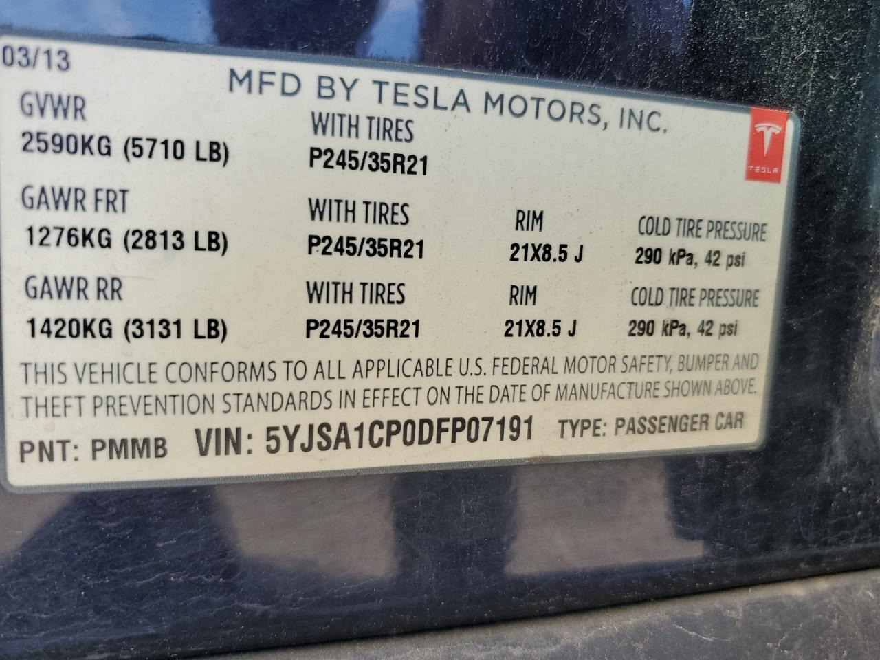 2013 Tesla Model S VIN: 5YJSA1CP0DFP07191 Lot: 68724154