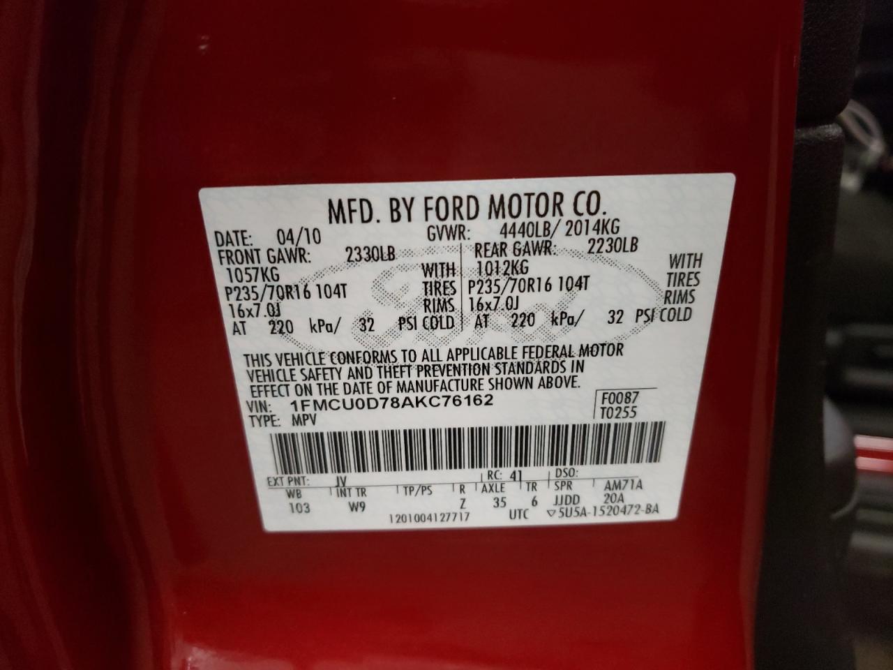 2010 Ford Escape Xlt VIN: 1FMCU0D78AKC76162 Lot: 66199294