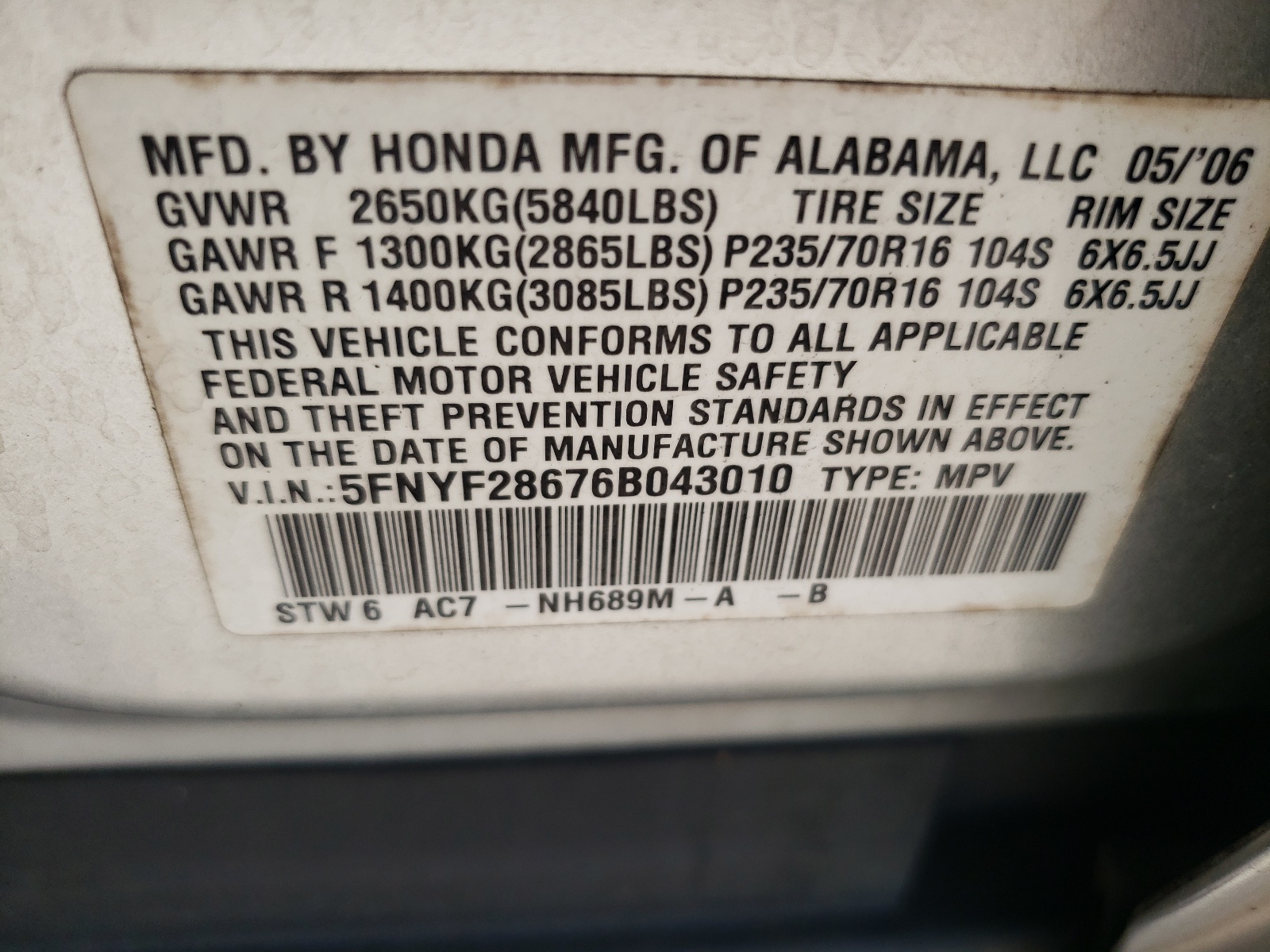 5FNYF28676B043010 2006 Honda Pilot Ex