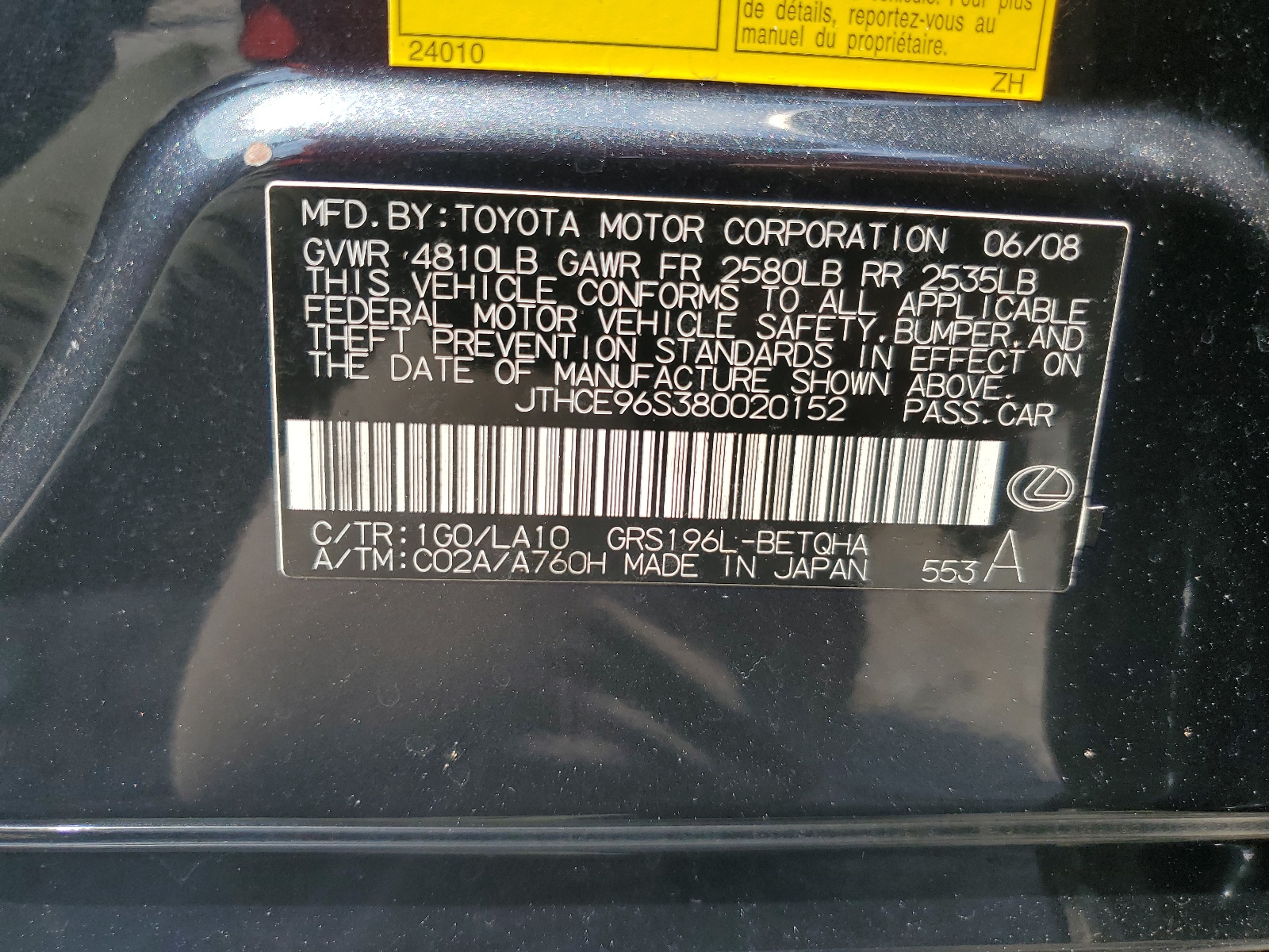 JTHCE96S380020152 2008 Lexus Gs 350