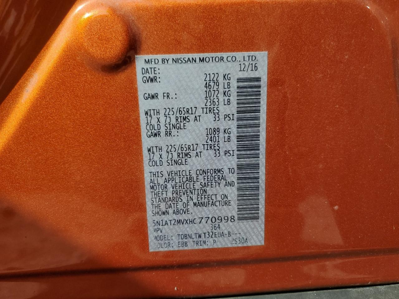 2017 Nissan Rogue Sv VIN: 5N1AT2MVXHC770998 Lot: 65909174