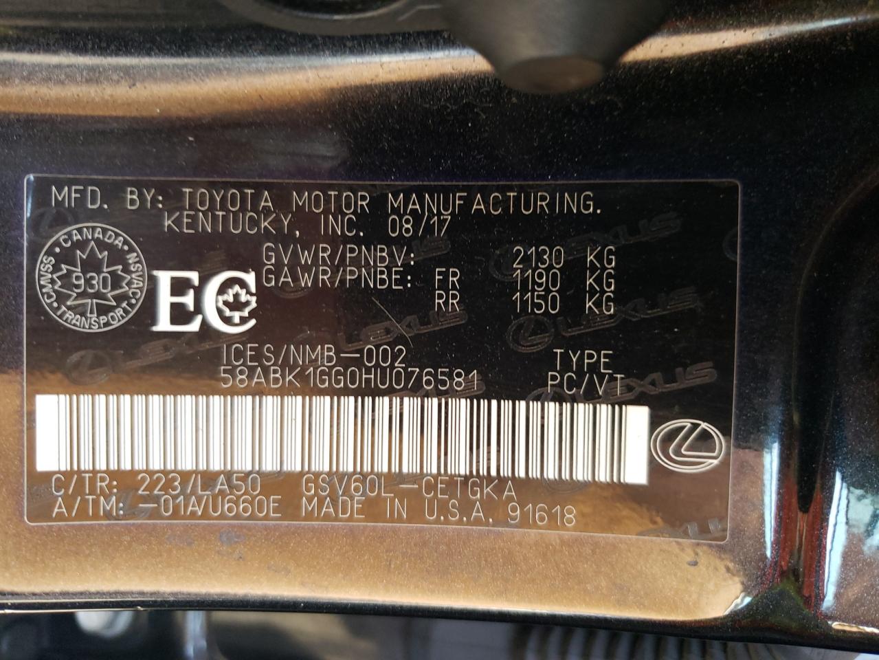 2017 Lexus Es 350 VIN: 58ABK1GG0HU076581 Lot: 65785464