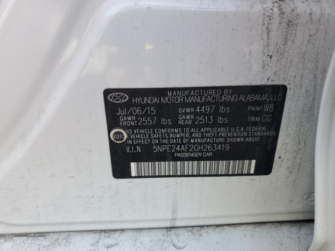 5NPE24AF2GH263419 2016 Hyundai Sonata Se