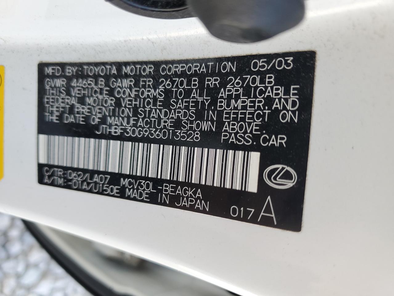 2003 Lexus Es 300 VIN: JTHBF30G936013528 Lot: 67462274