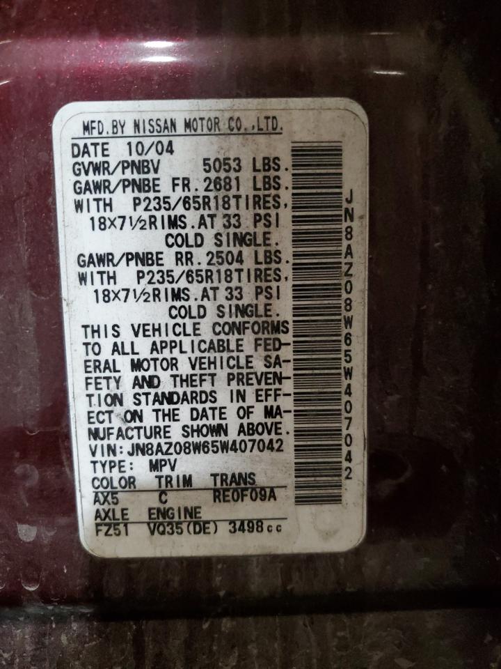 2005 Nissan Murano Sl VIN: JN8AZ08W65W407042 Lot: 65441164