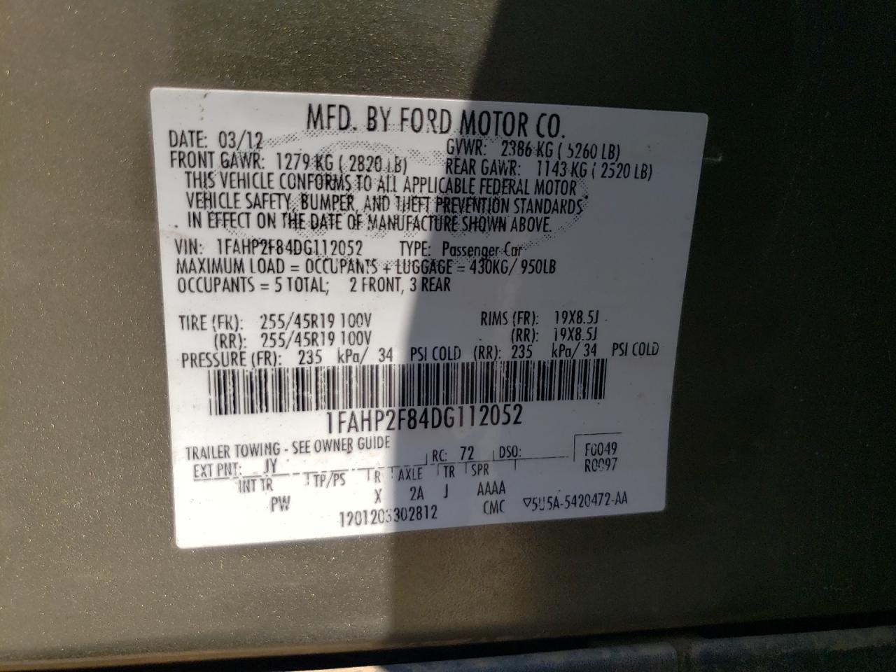 2013 Ford Taurus Limited VIN: 1FAHP2F84DG112052 Lot: 66197354