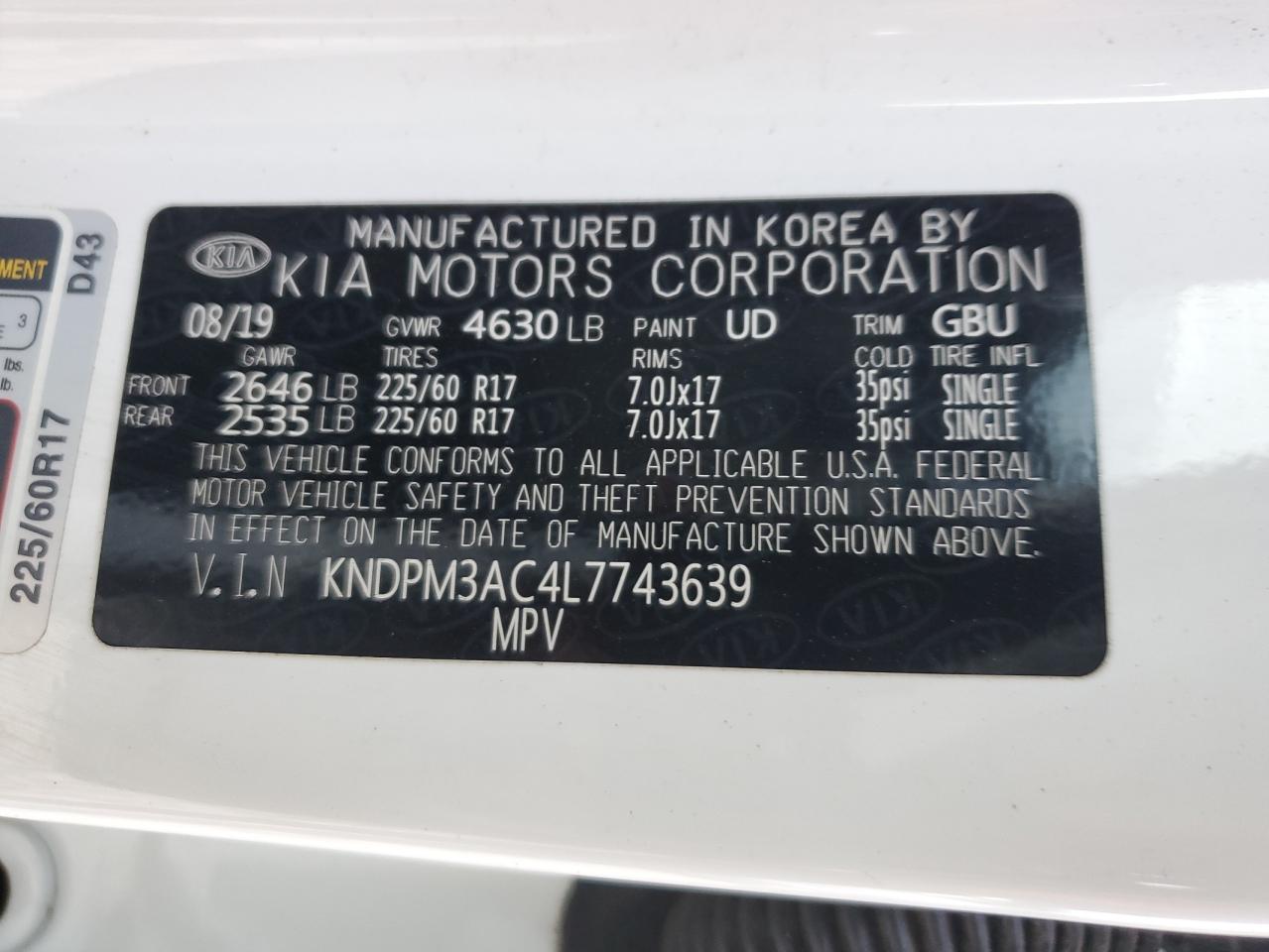 2020 Kia Sportage Lx VIN: KNDPM3AC4L7743639 Lot: 87465515
