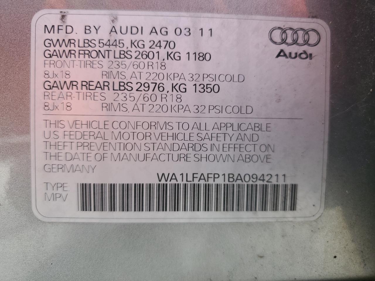 2011 Audi Q5 Premium Plus VIN: WA1LFAFP1BA094211 Lot: 65902894