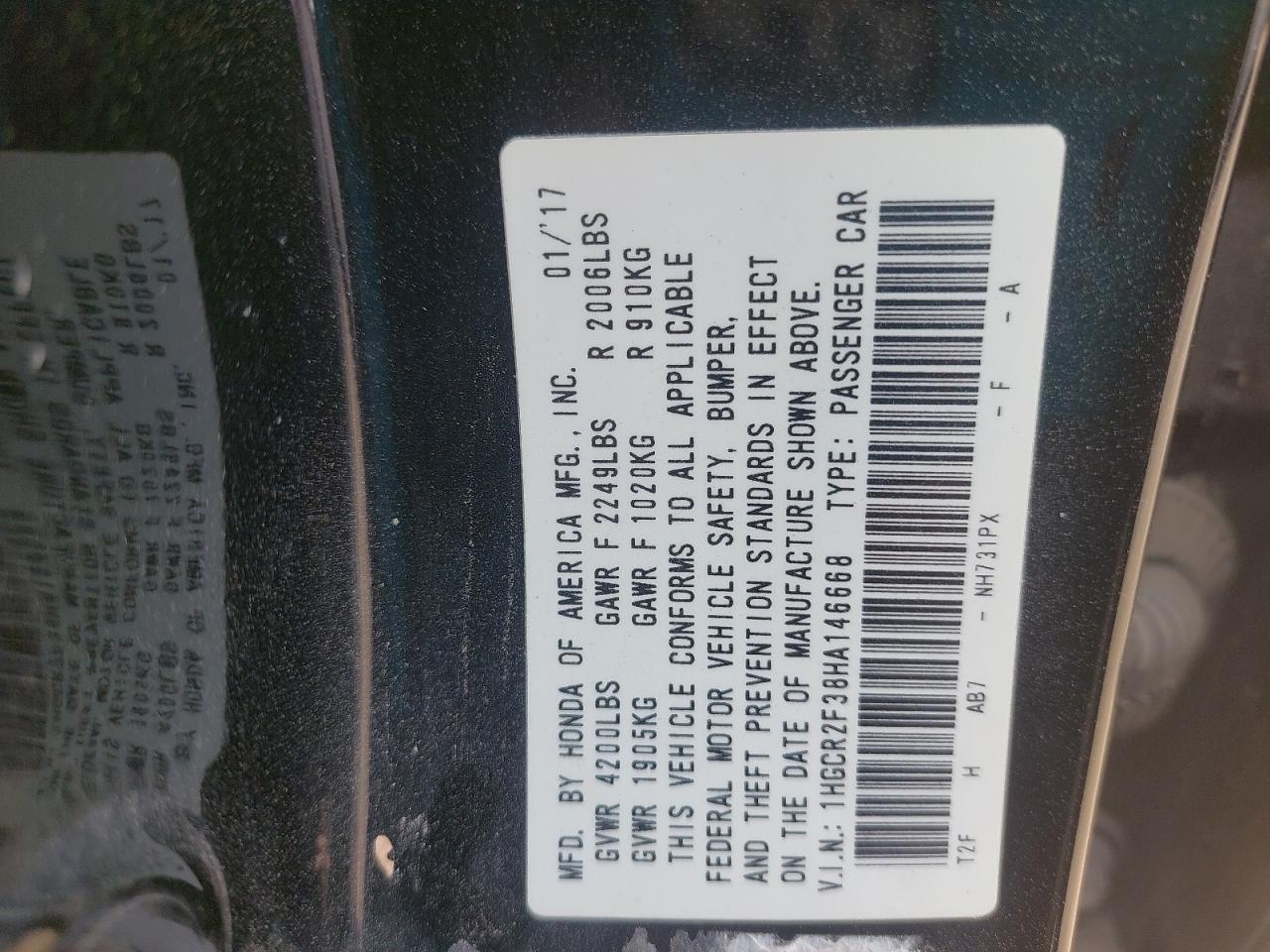 1HGCR2F38HA146668 - 2017 Honda Accord - #67633844