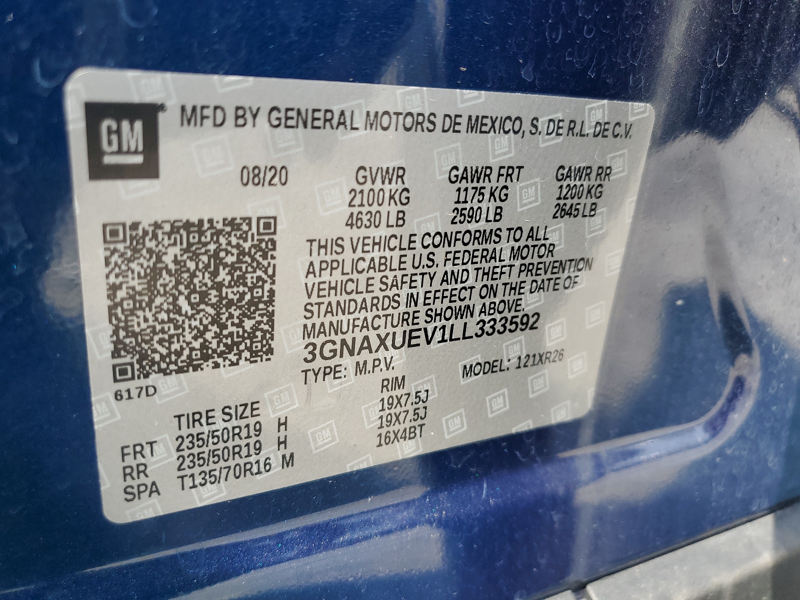 3GNAXUEV1LL333592 2020 Chevrolet Equinox Lt