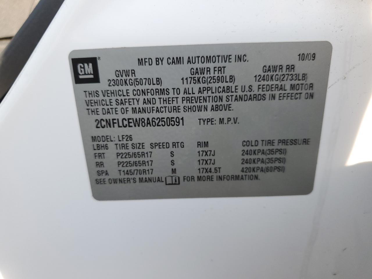 2CNFLCEW8A6250591 2010 Chevrolet Equinox Ls