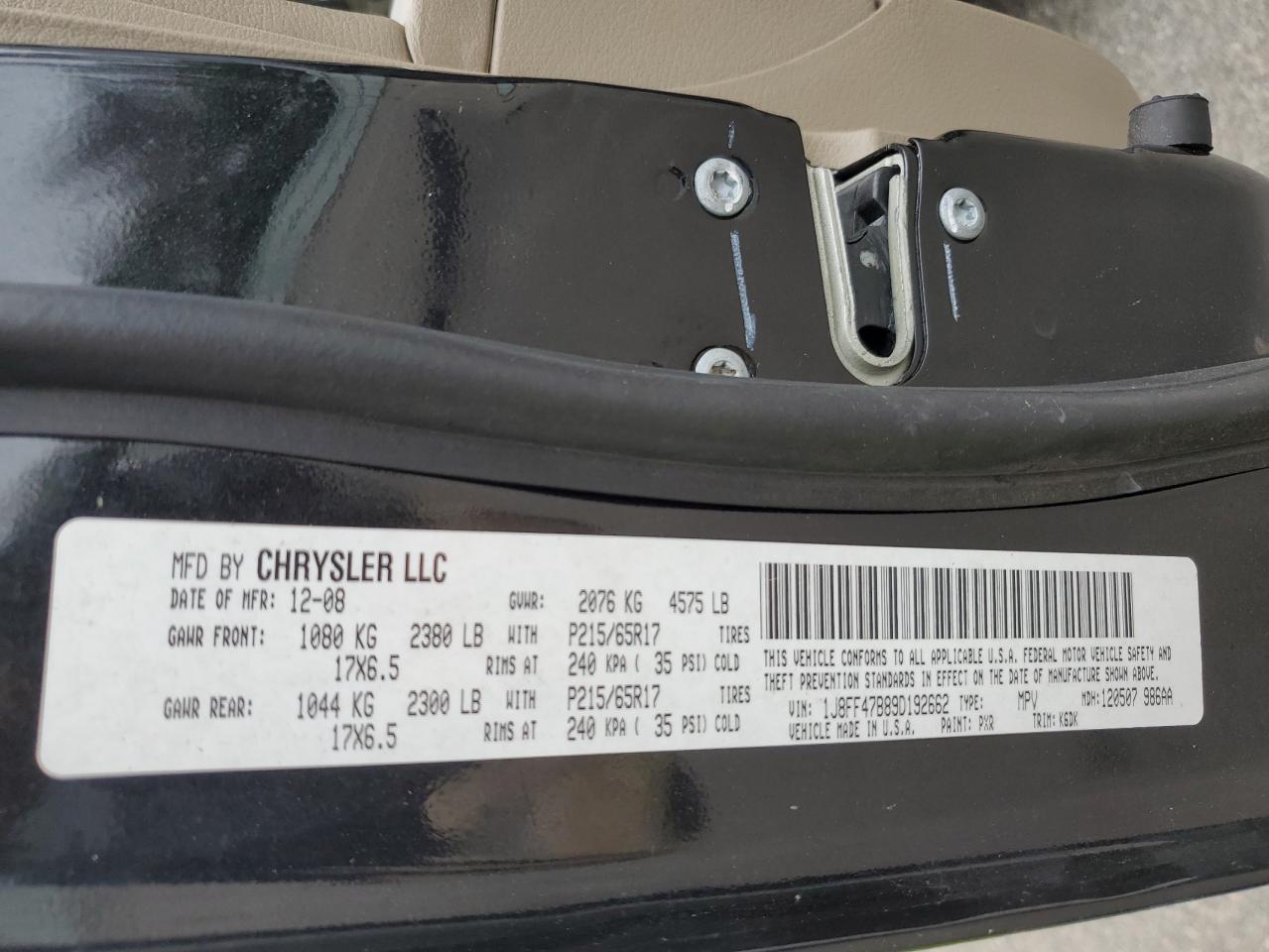 2009 Jeep Compass Sport VIN: 1J8FF47B89D192662 Lot: 66068314